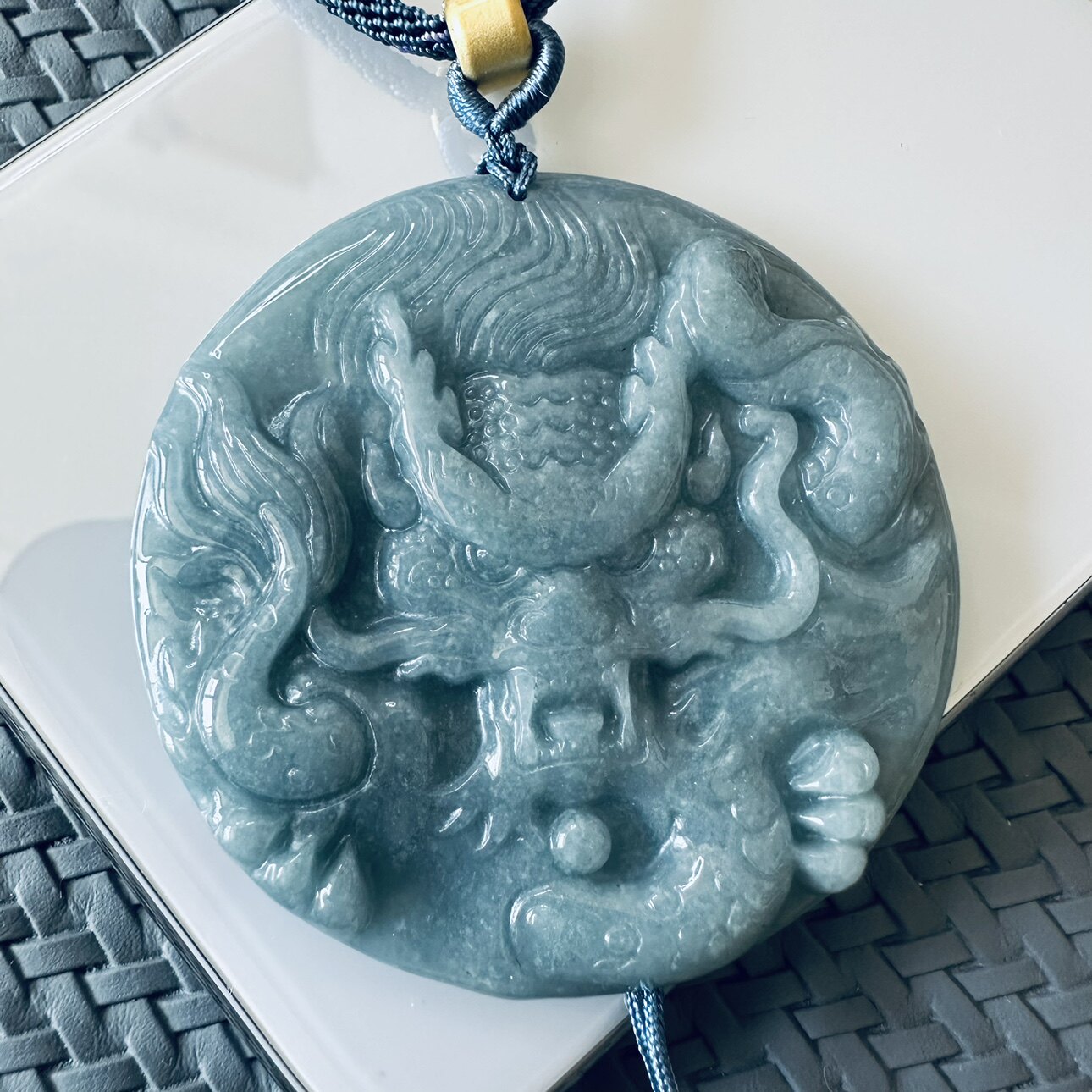 缘绘 天然a货 蓝水翡翠龙牌 男款挂件项链 送手工玉石挂绳