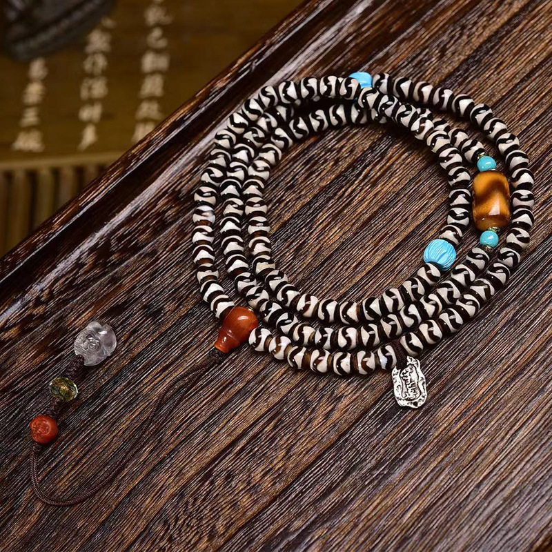 缘绘 天然玛瑙虎牙天珠108颗念珠手串南红玛瑙一体三通白水晶