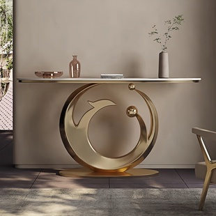 轻奢入户门厅不锈钢玄关台岩板奢石玄关桌靠墙现代简约对门观景台