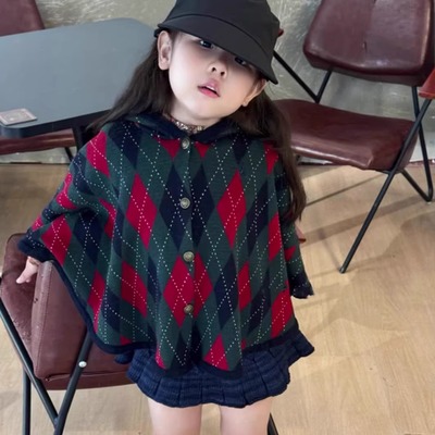 女童红色格子毛呢斗篷外套