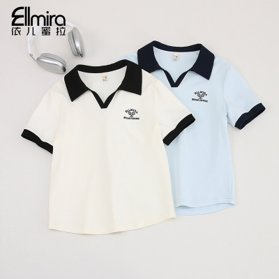 9909女童短袖t恤夏季V领POLO衫儿童上衣翻领大童洋气高品质