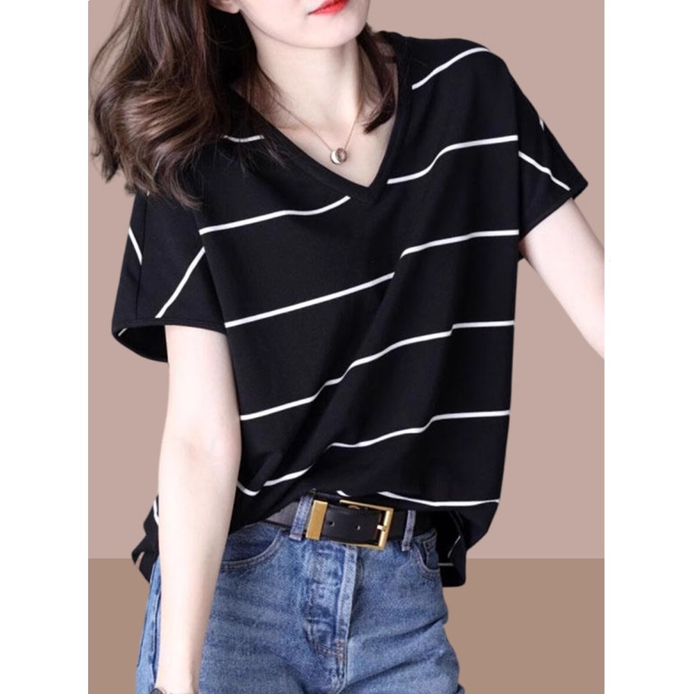 纯棉短袖t恤女夏2025新款韩版条纹v领宽松上衣服爆款大码女装胖mm