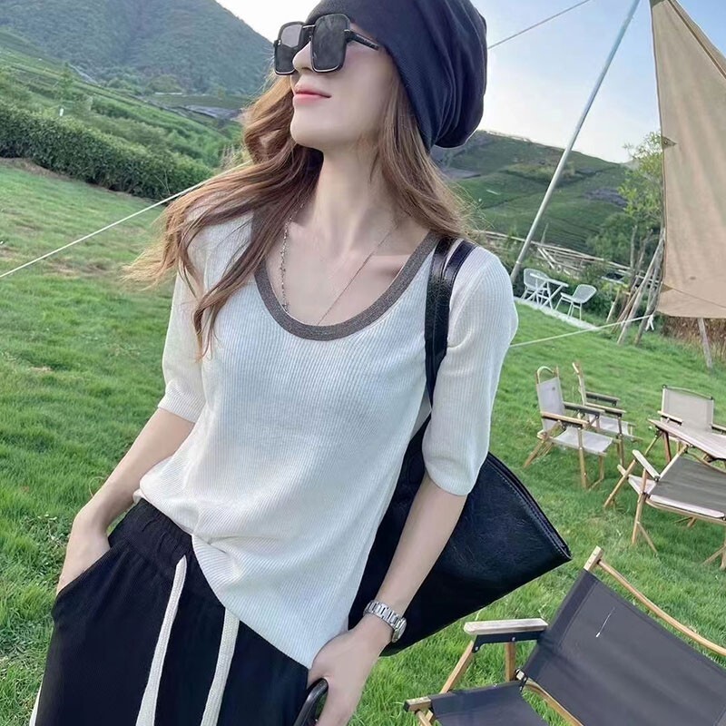 冰丝U领针织衫短袖t恤女夏季薄款显瘦百搭宽松修身打底衫休闲 上