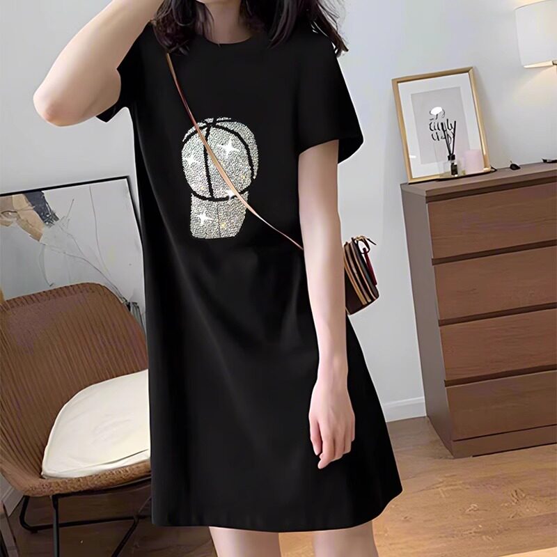 纯棉短袖T恤裙女夏2026新款韩版时尚洋气宽松显瘦中长款H型连衣裙