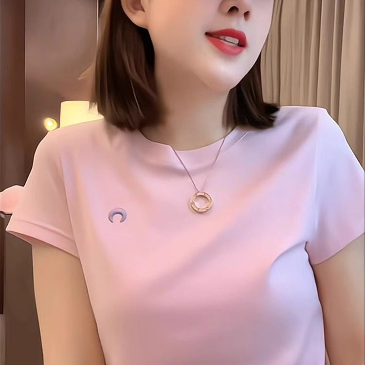 欧货正肩圆领粉色短袖T恤女2026夏季新款修身显瘦减龄刺绣上衣潮