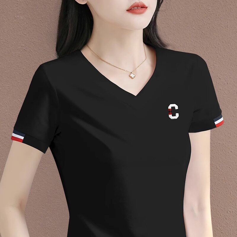 纯棉黑色短袖T恤女夏2026新款爆款V领上衣时尚洋派减龄半袖T恤衫