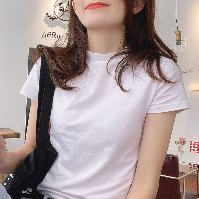 白色纯棉短袖T恤女2024年夏季新款韩版修身显瘦半高领打底衫上衣