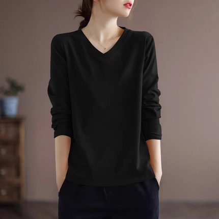 纯棉长袖t恤女秋冬2025新款宽松显瘦大尺码洋派减龄纯色内搭衣上