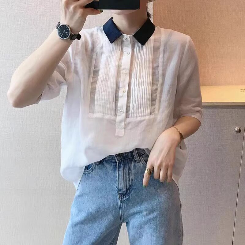 欧货翻领短袖衬衫女夏2026新款韩版宽松百搭时尚压褶衬衣减龄上衣