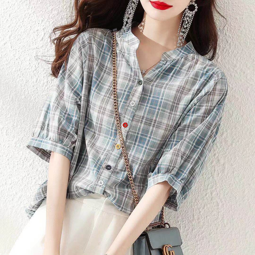 短袖棉质格纹衬衫女夏季2025新款宽松显瘦休闲百搭设计感小众衬衣