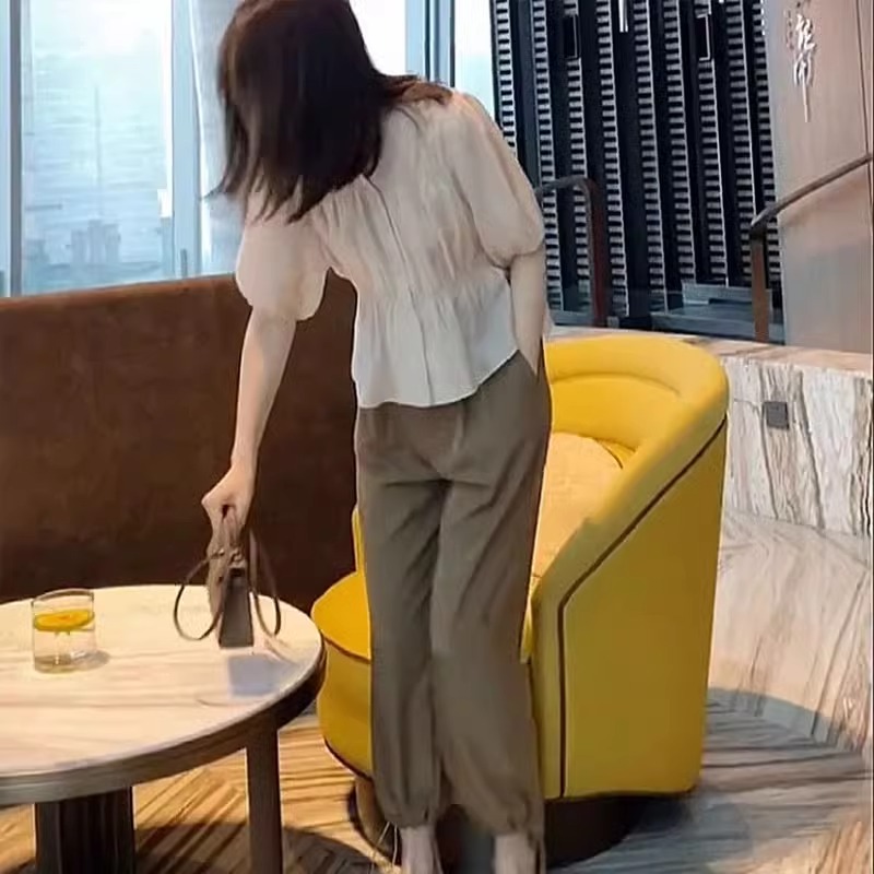 时尚小香风套装女夏季短袖衬衫高腰束脚九分裤阔腿休闲西裤两件套