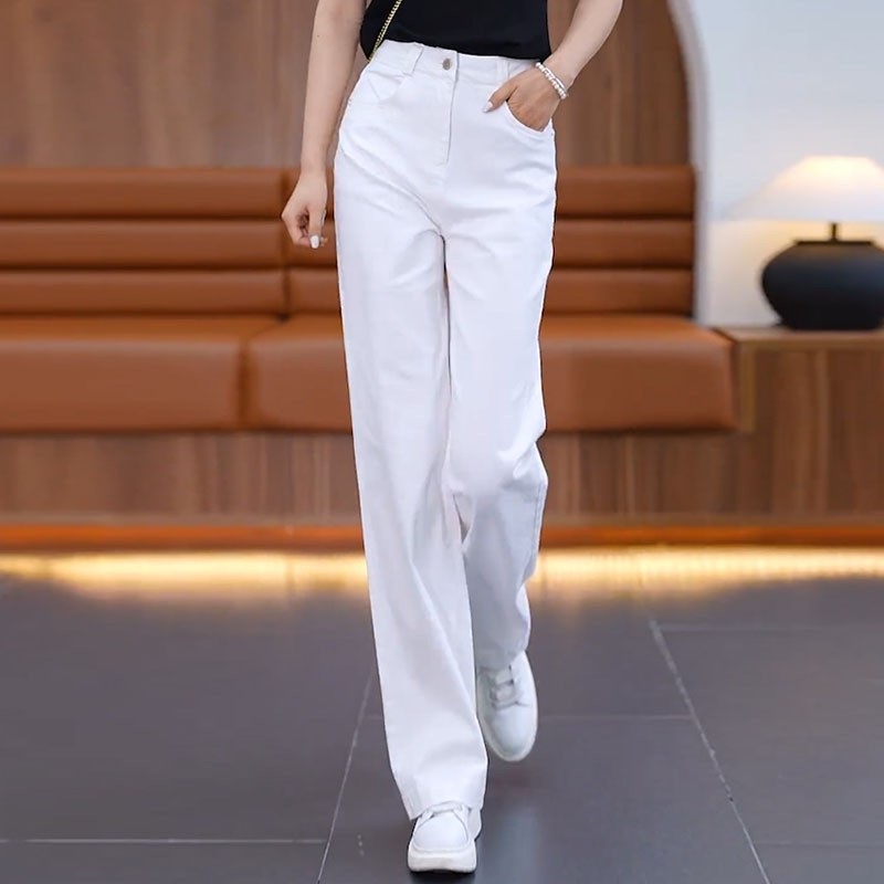 白色窄版阔腿牛仔裤女夏季2025新款薄款女裤高腰显瘦休闲直筒裤子