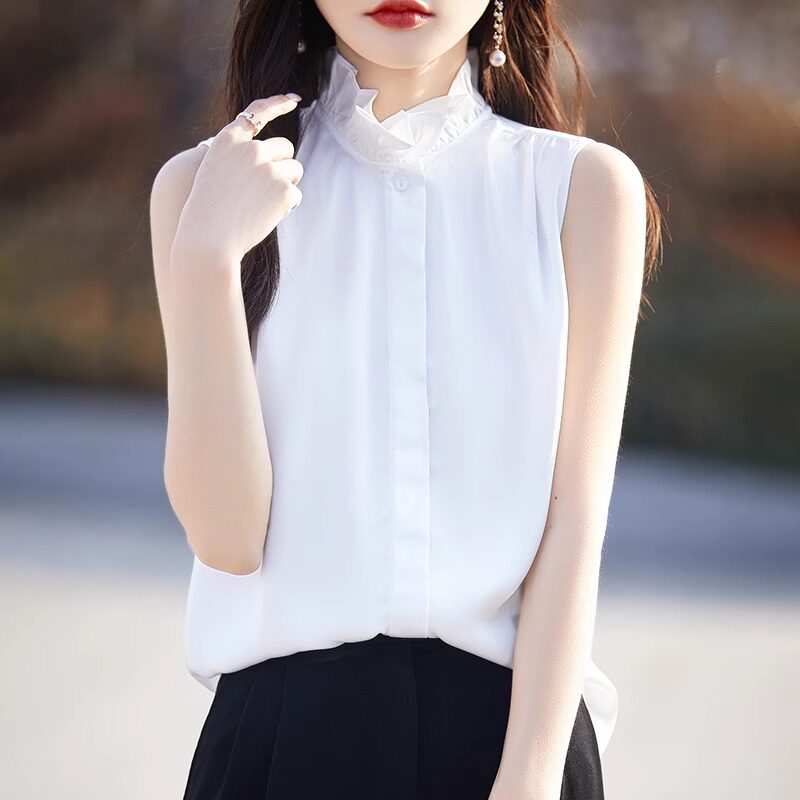 花边领无袖衬衫女夏季2024新款白色打底背心高级感上衣立领职业装