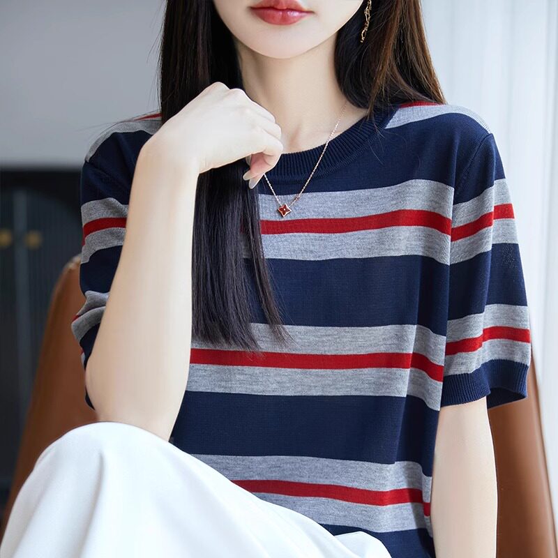 高级感撞色条纹短袖t恤女夏2025新款打底衫洋气宽松大码针织上衣