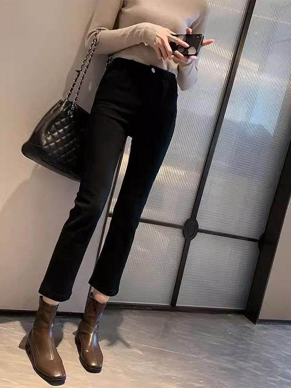 黑色直筒牛仔裤女秋冬加绒2025新款百搭小个子修身显瘦九分烟管裤