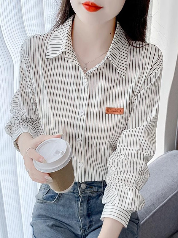 单排扣条纹女士衬衣春秋2025年新款法式百搭上衣小衫洋气长袖衬衫