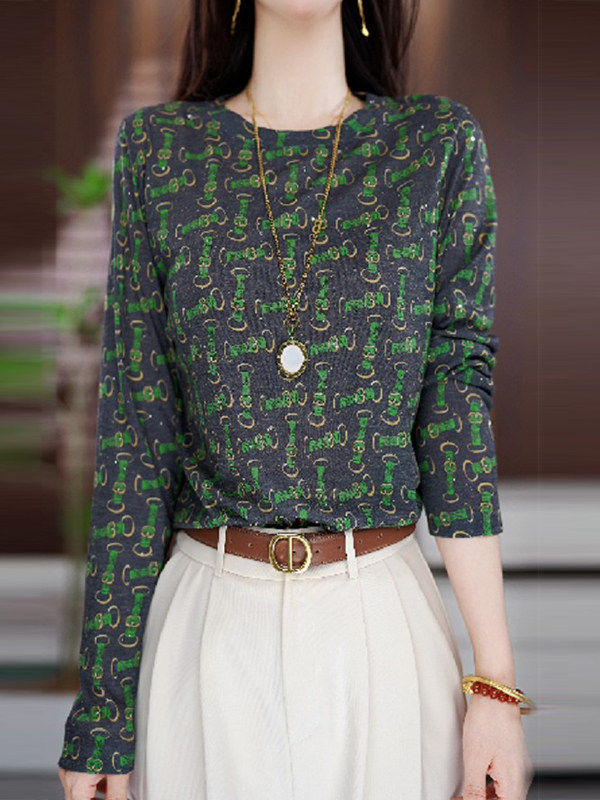 时尚洋气印花正肩长袖t恤女春秋2025新款减龄遮肚内搭打底衫上衣