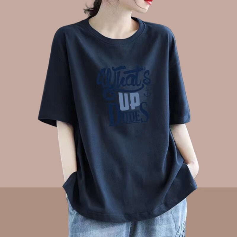 纯棉圆领印花短袖T恤女士夏季新款大码宽松显瘦休闲百搭减龄上衣
