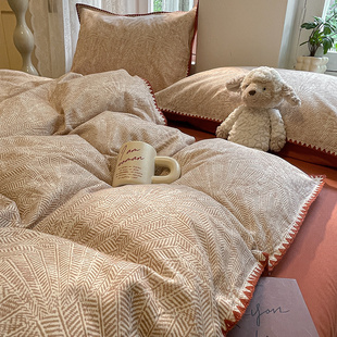 简约全棉磨毛床上四件套高档纯棉条纹被套罩床单床笠款 床品三件套