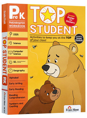 美国加州教辅 优等生系列练习册 幼儿园小中班 英文原版 Evan-Moor Top Student Grade Prek 英语数学STEM科学计算机 英文版