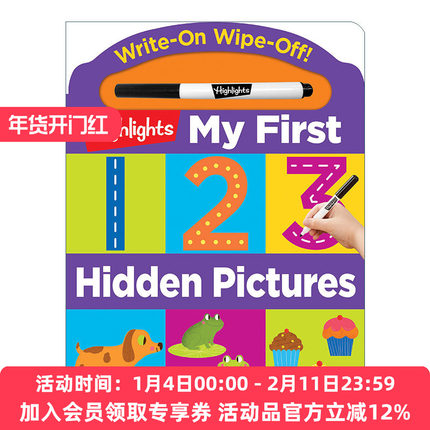 英文原版 Write-On Wipe-Off My First 123 Hidden Pictures 可写可擦 亮点幼儿儿童数字启蒙认知绘本纸板书 游戏活动书 进口书籍