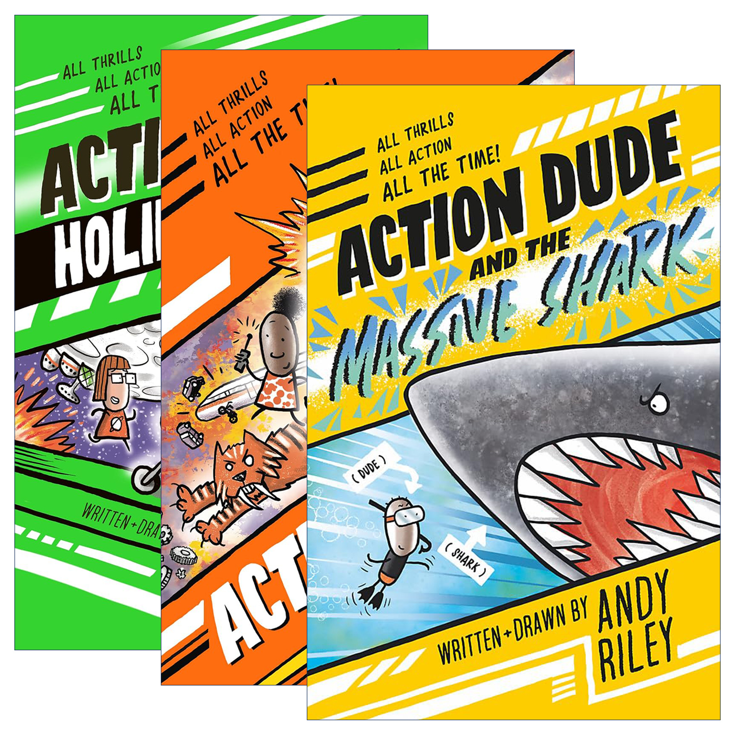 英文原版 Action Dude 功夫小子系列3册 儿童搞笑冒险动作漫画 大鲨鱼 月球上的假日 动作小子 英文版 进口英语原版书籍