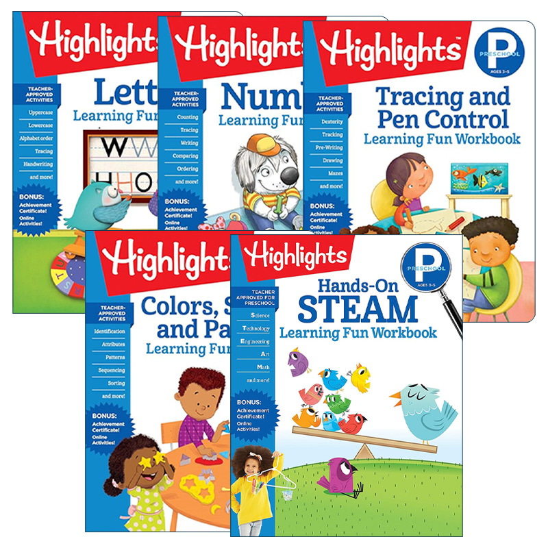 英文原版 Highlights Learning Fun Workbooks-Preschool 学前学习5册套装 亮点趣味学习练习册 儿童启蒙认知 英文版 进口原版书籍