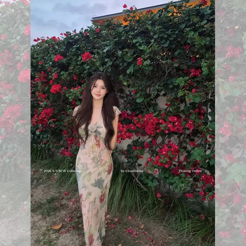 CloudSweet白云甜 中古感玫瑰油画裙复古印花连衣裙法式鱼尾长裙