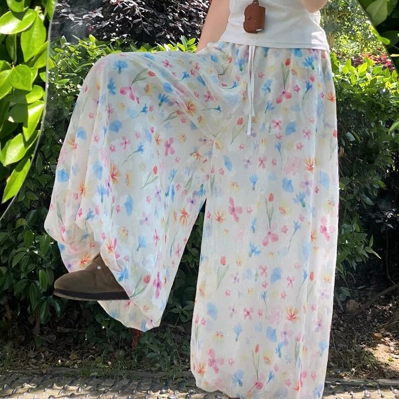 彩色花苞裙裤女夏季薄2026新款高腰小个子冰丝休闲宽松碎花阔腿裤