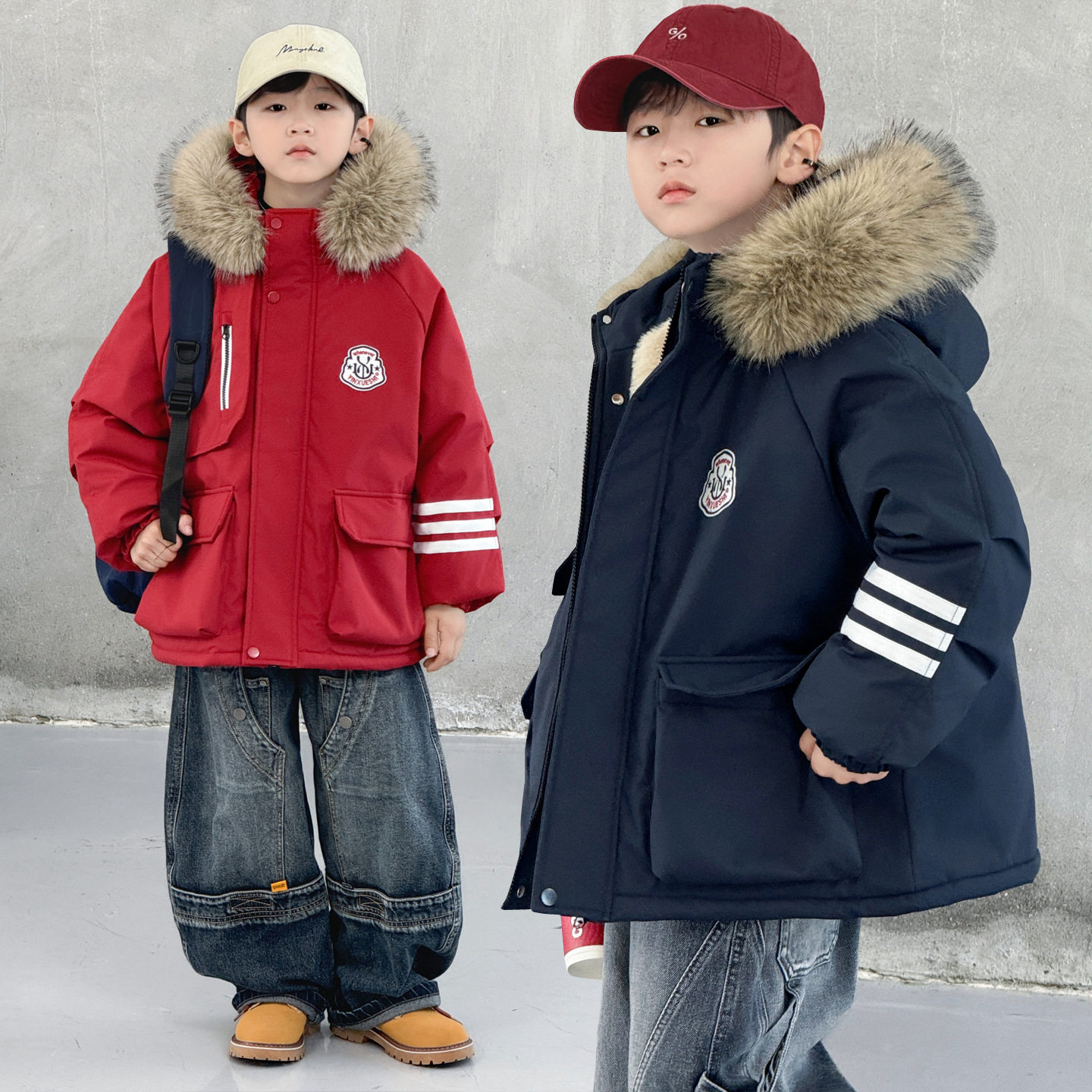 男童棉服儿童2025新款冬装中大男孩加绒外套韩版加厚毛领派克棉衣
