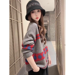 2025秋季新款韩版复古慵懒风套头针织衫圆领宽松气质女洋气毛衣女