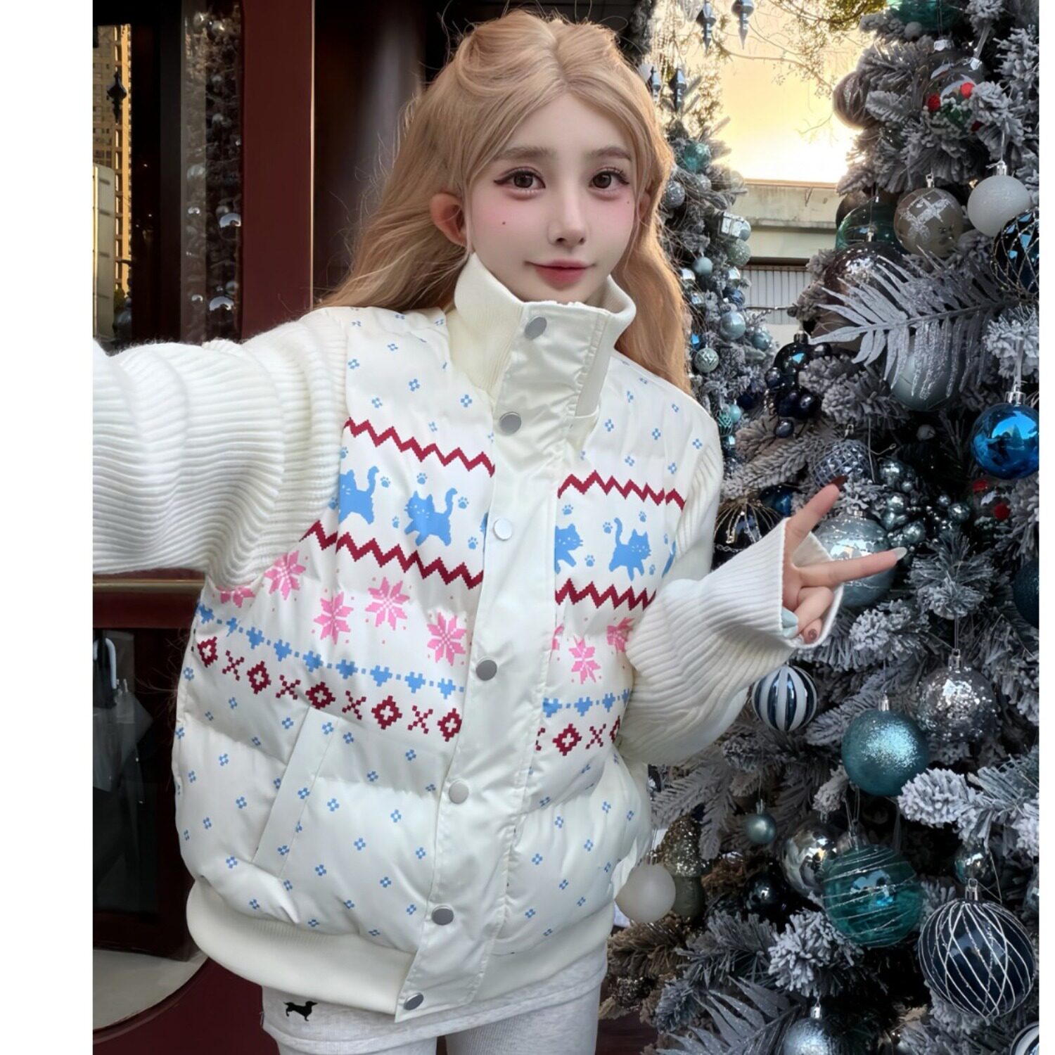 甜酷费尔岛拼接针织立领棉服女冬季韩系夹棉保暖加厚显瘦棉衣外套