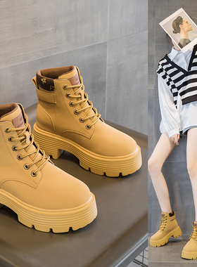 黄色马丁靴女秋季内增高女鞋9cm真皮短靴英伦风皮鞋系带大黄靴子