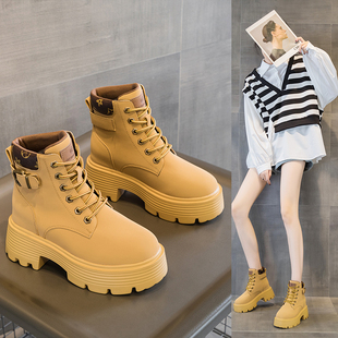 黄色马丁靴女秋季内增高女鞋9cm真皮短靴英伦风皮鞋系带大黄靴子