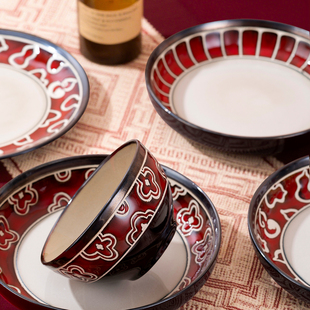 玉泉百福齐臻家用红色喜庆餐具釉下彩碗盘碗碟陶瓷中式餐具