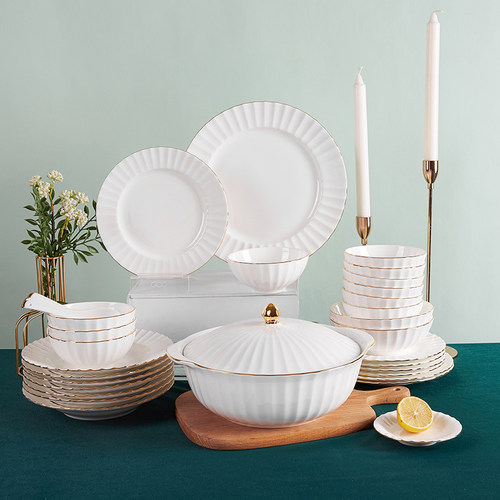 浮雕高档纯白金边骨瓷餐具套装