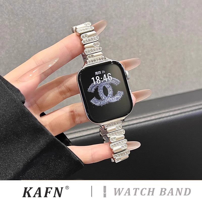 适用iWatchS10不规则镶钻金属表带高级感小蛮腰applewatchS9/8/7/6/se苹果手表蝴蝶扣不锈钢小香风钻壳套装女