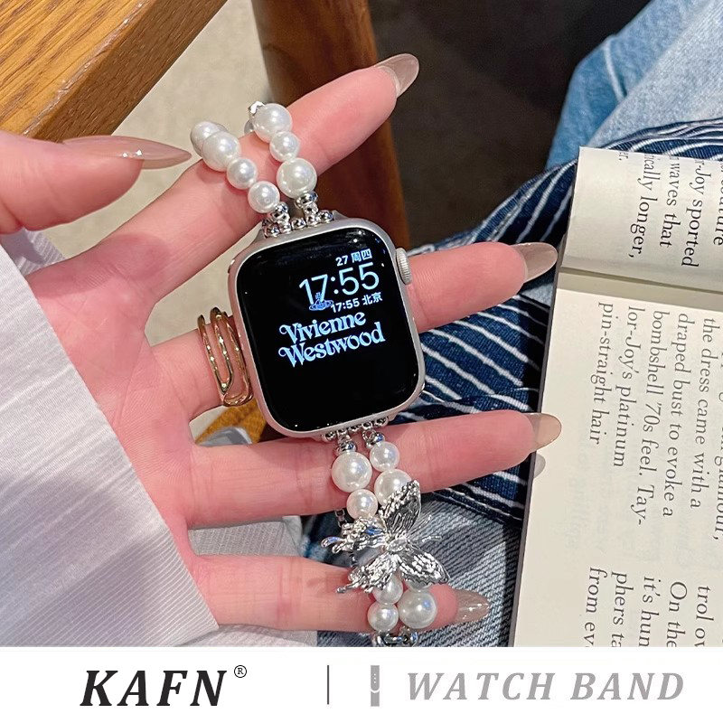 适用s10新款苹果手表带Apple Watch9珍珠蝴蝶链条s8智能表带7/6/5/4轻奢时尚se代女款气质高级感40/41mm夏季