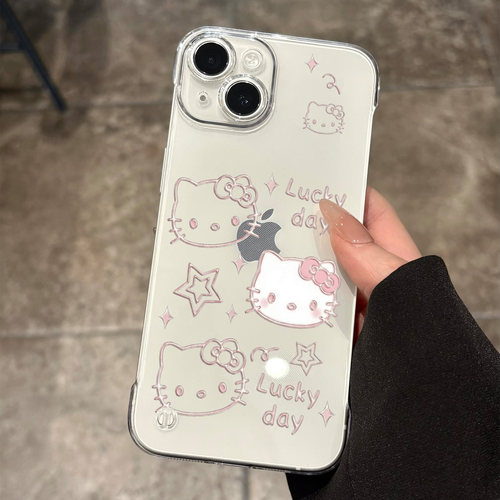适用苹果15粉色猫咪线条手机壳