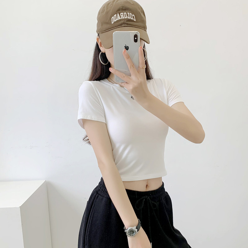 莫代尔短袖t恤女短款露腰漏肚脐紧身健身瑜伽爵士舞蹈服上衣夏季
