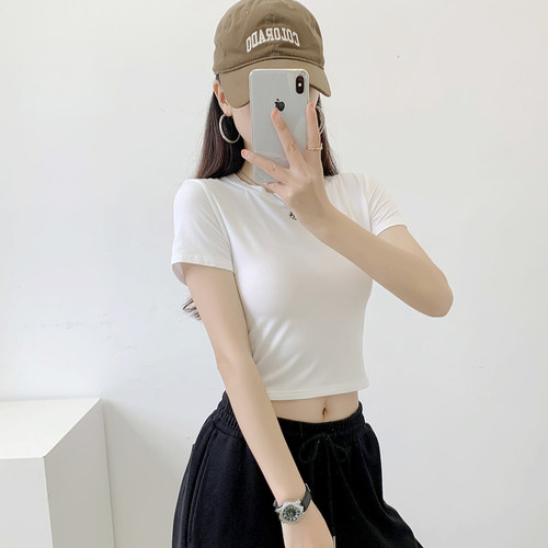 莫代尔短袖t恤女短款露腰漏肚脐紧身健身瑜伽爵士舞蹈服上衣夏季