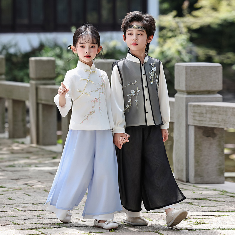 原创新款儿童汉服新中式唐装兄妹款两件套刺绣国学古装朗诵演出服