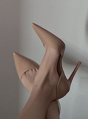 2024新款秋冬裸色红底侧空高跟鞋女尖头气质绝美婚鞋名媛大码单鞋