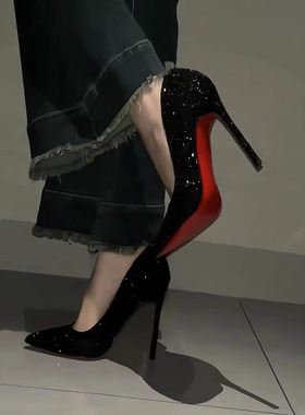 2025年秋冬新款亮片红底高跟鞋女黑色尖头绝美气质细跟小个子单鞋