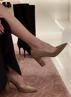 尖头粗跟高跟鞋女2025年春秋新款绒面浅口不累脚绝美气质名媛单鞋