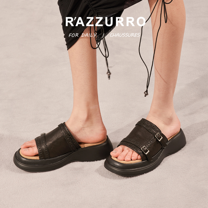 R'AZZURRO 24春夏新款布洛克雕花设计女鞋孟克鞋小众时尚厚底拖鞋