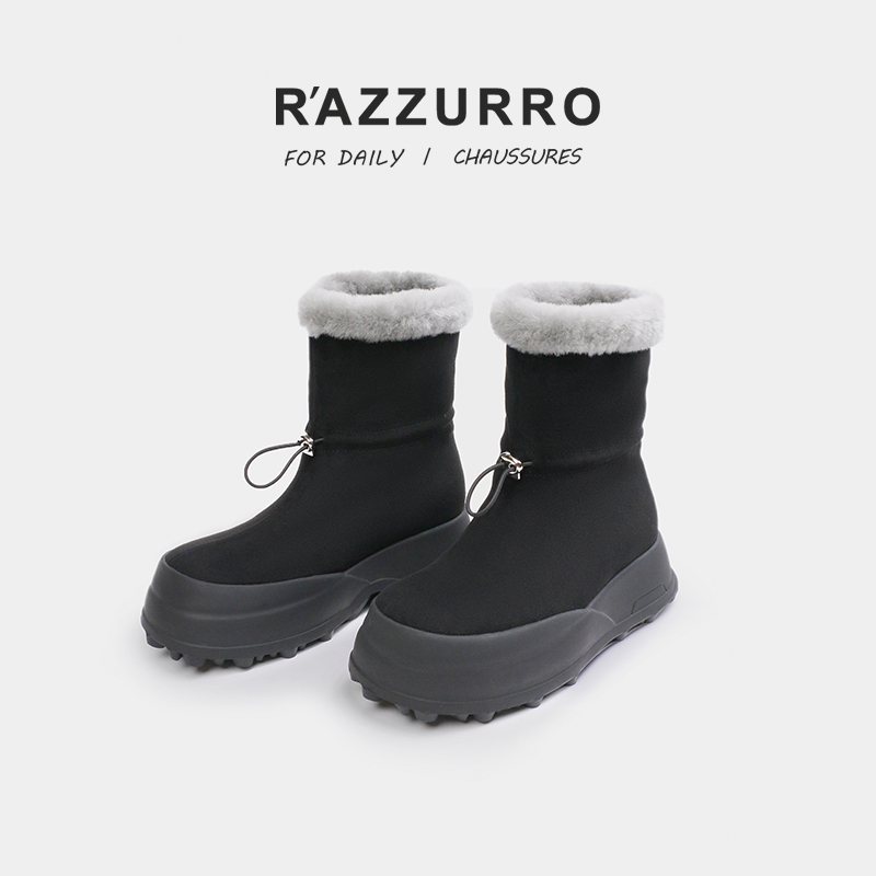 R'AZZURRO 2024年新款中筒靴女短毛绒百搭简约圆头防滑棉靴雪地靴