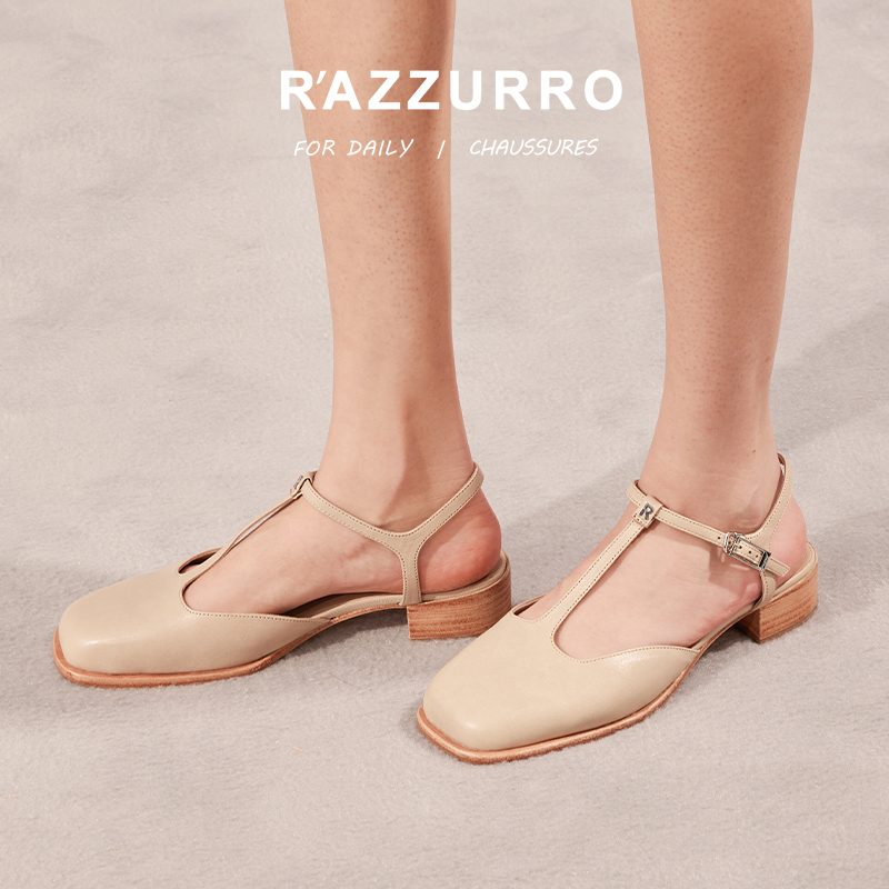R'AZZURRO 原创设计进口胎牛皮包头凉鞋春夏真皮大底玛丽珍女鞋子