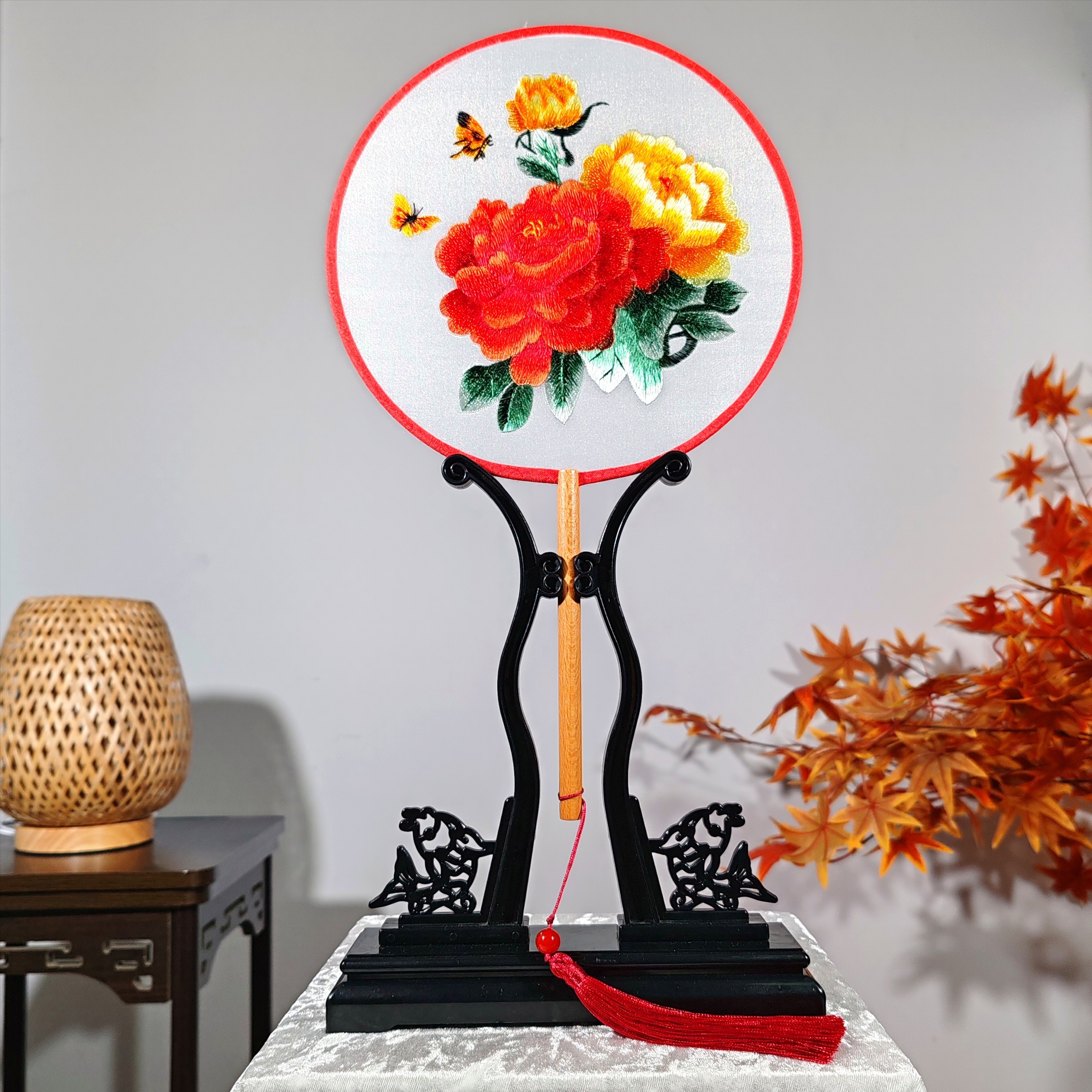 牡丹花苏州双面刺绣团扇古典汉服旗袍舞蹈扇宫扇古风扇装饰摆件