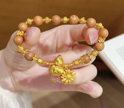 新中式古法沙金錾刻葫芦檀木盘缠手链镂空拉丝国风手串送女友礼物